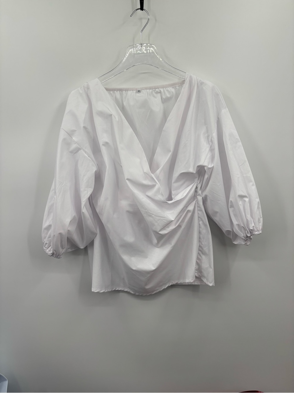 White Faux Wrap V-Neck Blouse with Balloon Sleeves